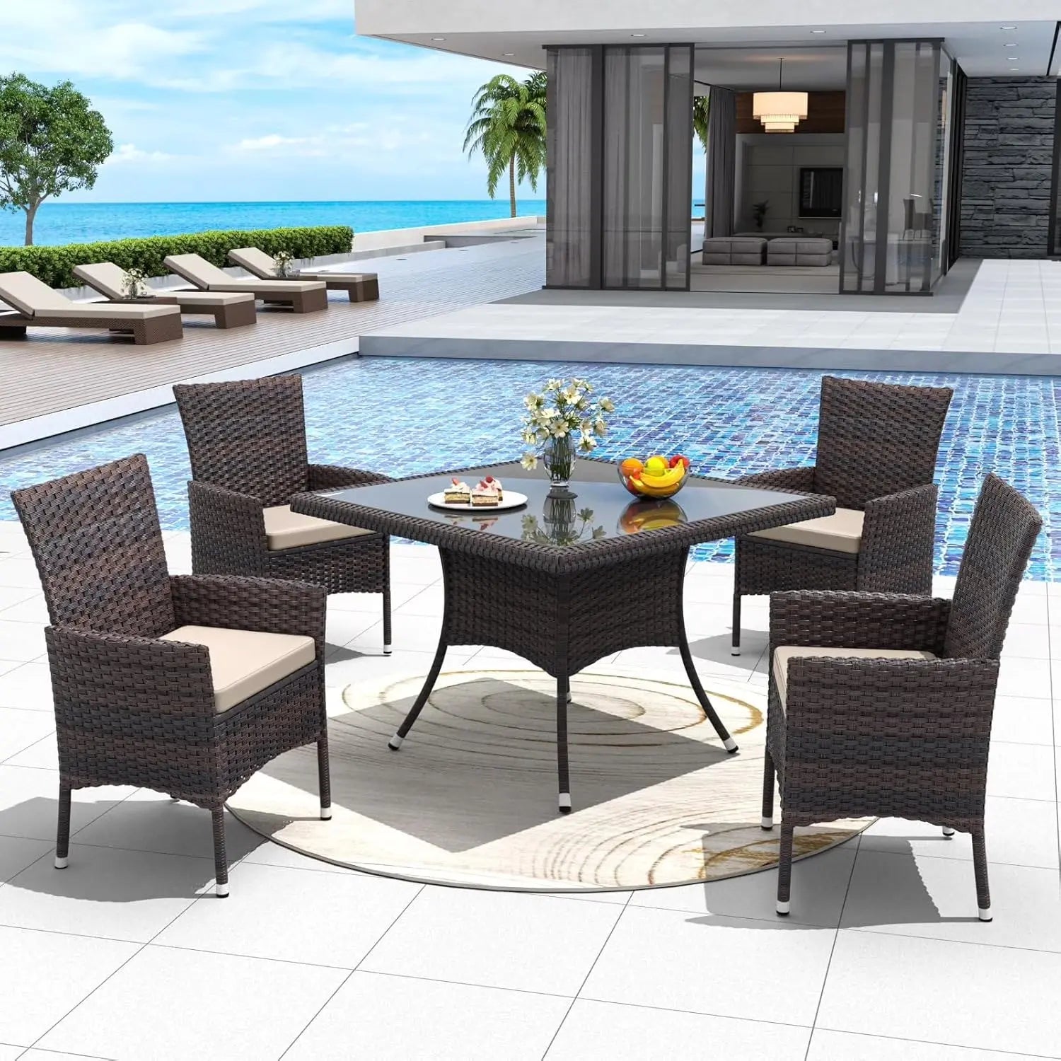 5 Pieces Patio Dining Set Outdoor Rattan Furniture with Square Glass Tabletop 4 Chairs with Cushions for Patio, Backyard Outdoor Kitchen Lawn & Garden Sand