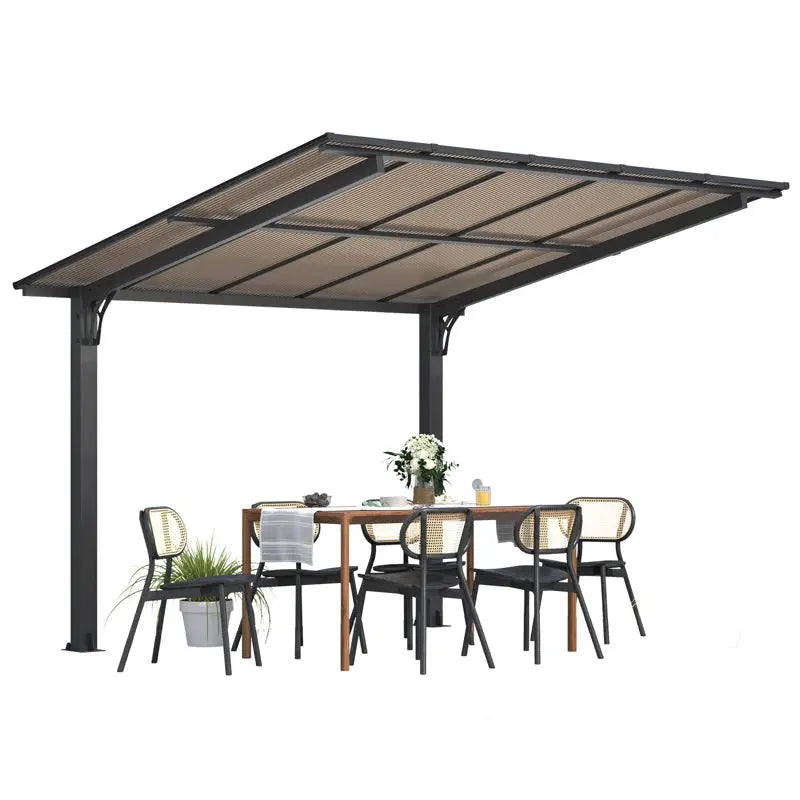 Modern patio pergola with dining table, six chairs, potted plant, and flowers
