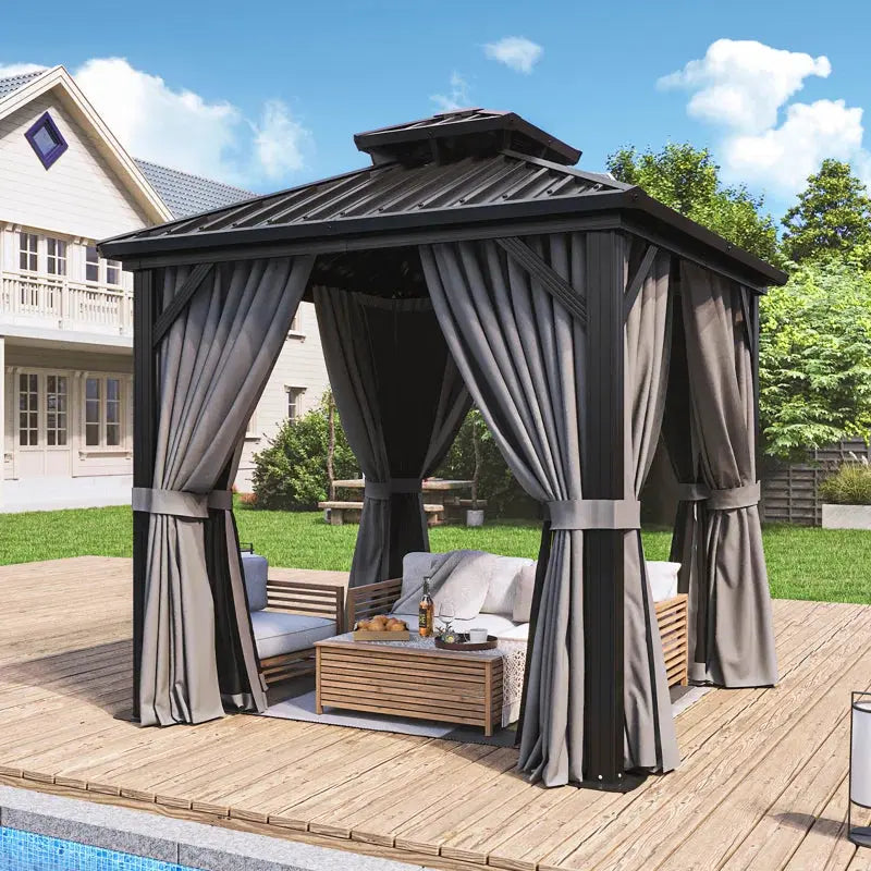 Modern patio gazebo with curtains, outdoor furniture, and wooden deck by a house and pool