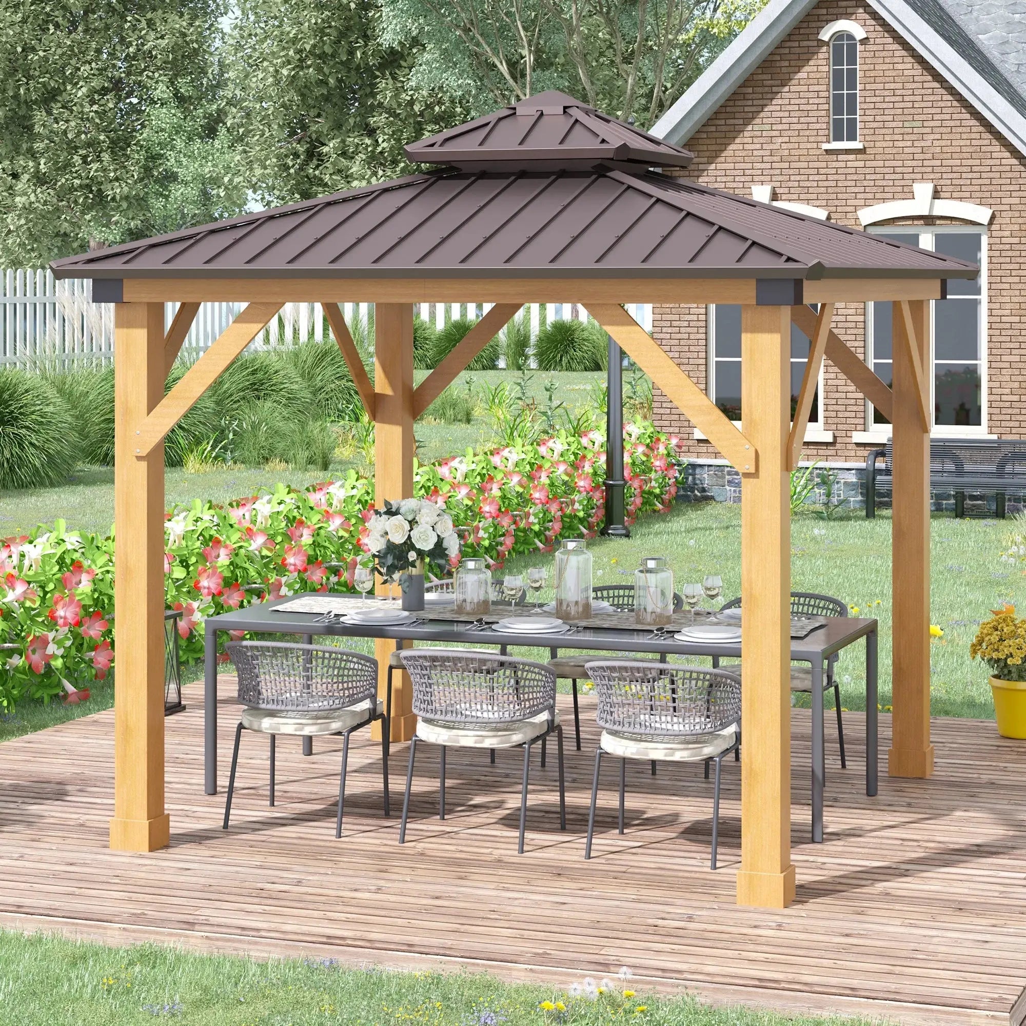 Outdoor wooden gazebo with metal roof, patio dining set, and floral garden setting