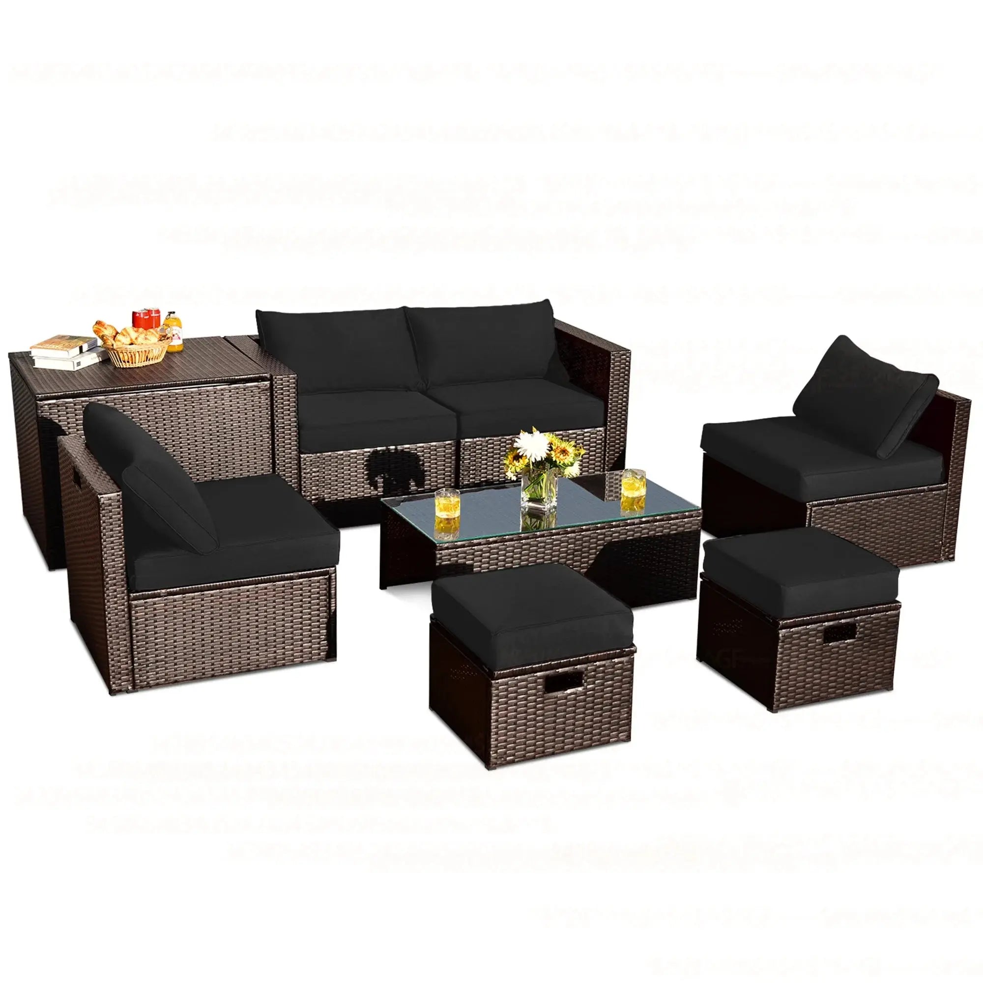 8-Piece Rattan Outdoor Patio Dining Set, Black