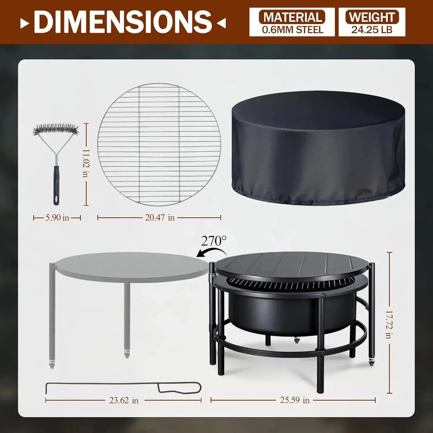 52" Fire Pits for Outside, Foldable Fire Pits with 26" Fire Stove and Table, Cold-Rolled Steel Fire Pit Tables with BBQ Net, Poker, Grill Brush and Protective Cover