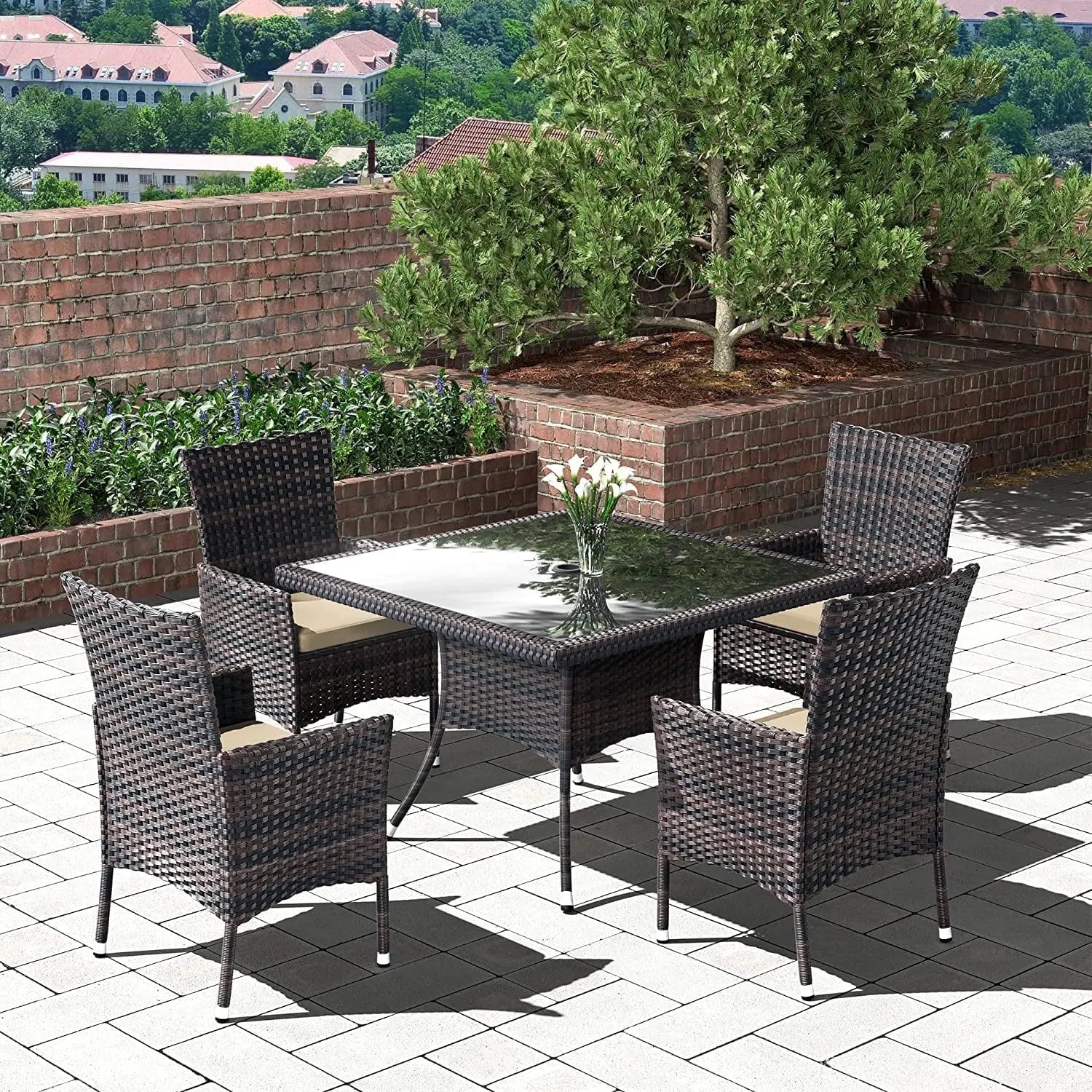 5 Pieces Patio Dining Set Outdoor Rattan Furniture with Square Glass Tabletop 4 Chairs with Cushions for Patio, Backyard Outdoor Kitchen Lawn & Garden Sand