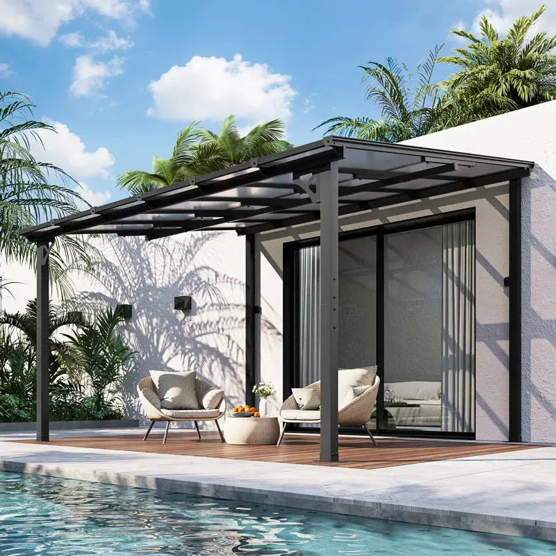 Modern outdoor patio with pergola, wicker chairs, wood deck, and poolside seating.