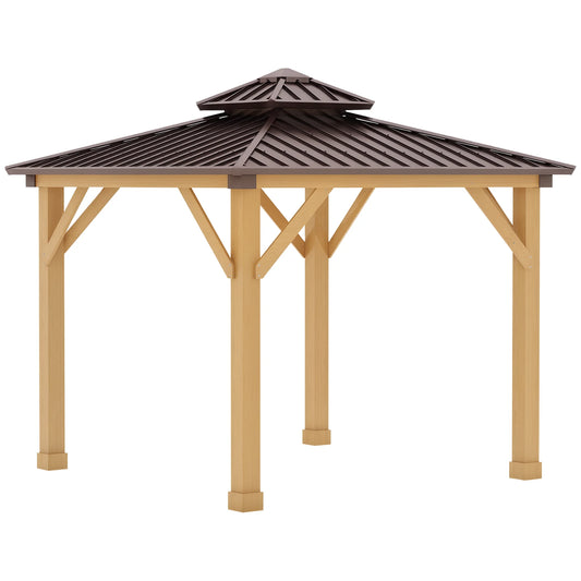 10X10 Hardtop Gazebo with Wooden Frame, Permanent Metal Roof Gazebo Canopy with Ceiling Light Hook for Garden, Patio, Backyard, Brown