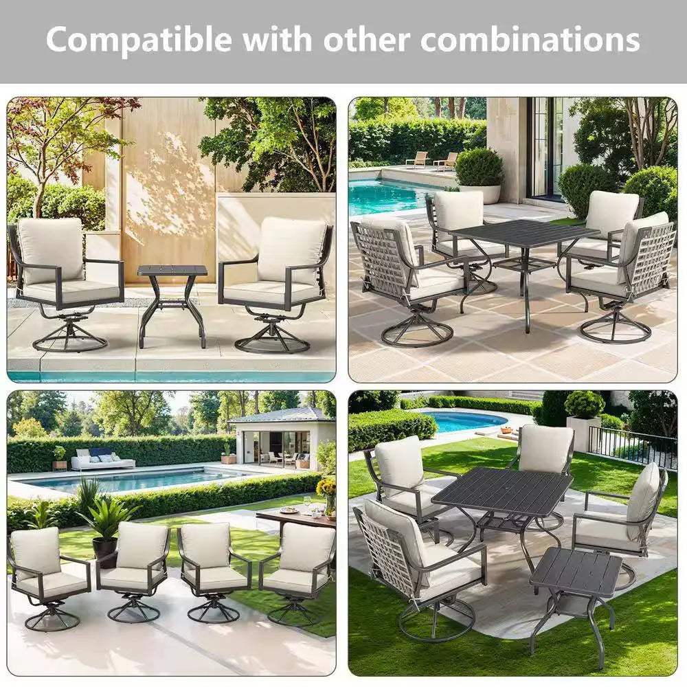 Outdoor patio furniture sets with cushioned chairs and tables arranged poolside and on patios.