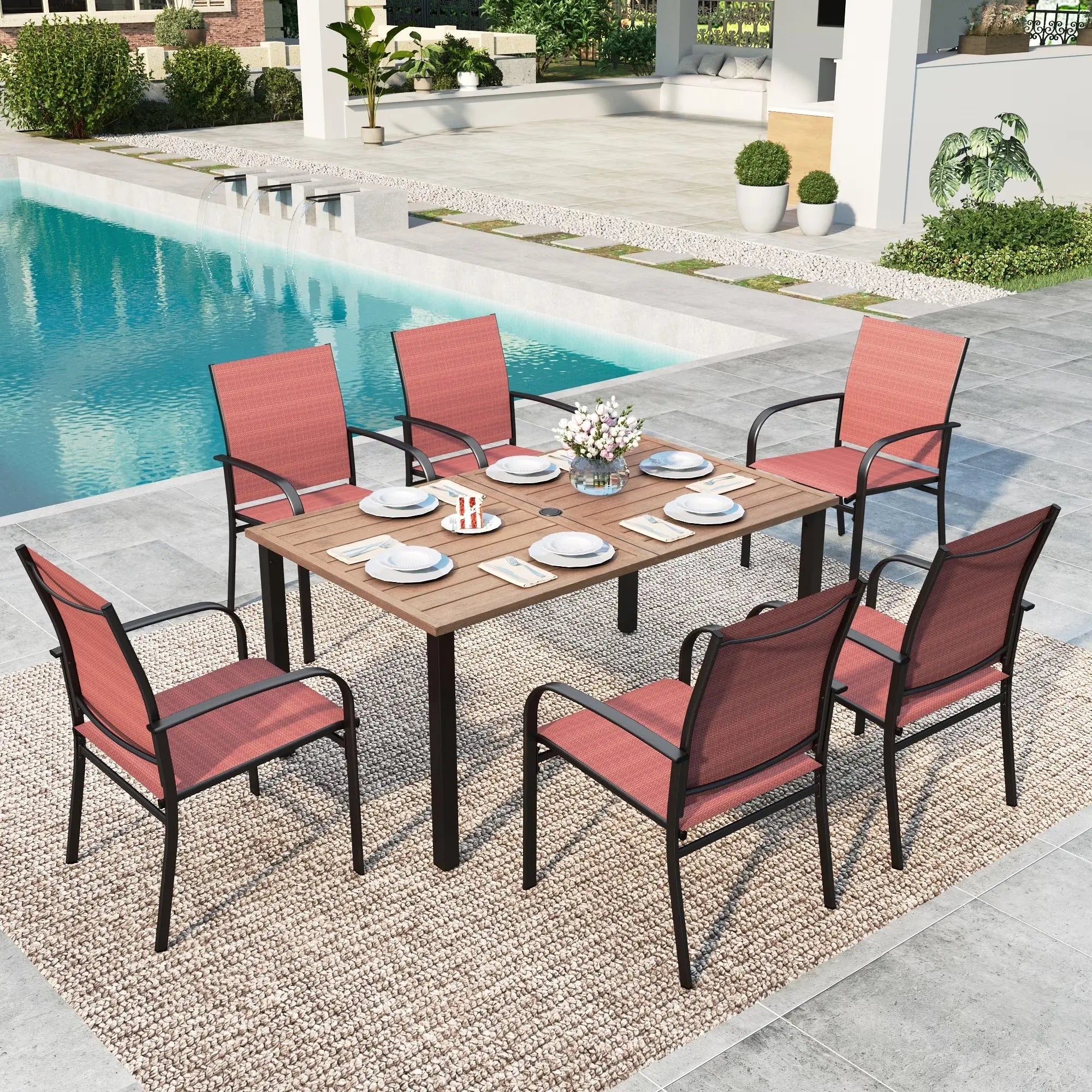 7-Piece Outdoor Patio Dining Set with 6 Textilene Chairs & Rectangular Metal Steel Dining Table with Umbrella Hole, Black & Red
