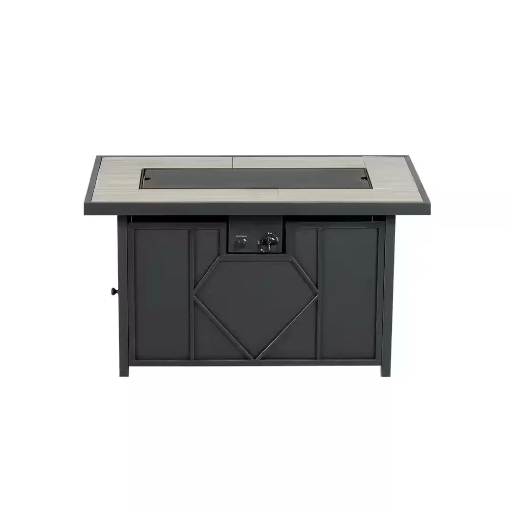 Modern outdoor propane fire pit table with metal frame and geometric design