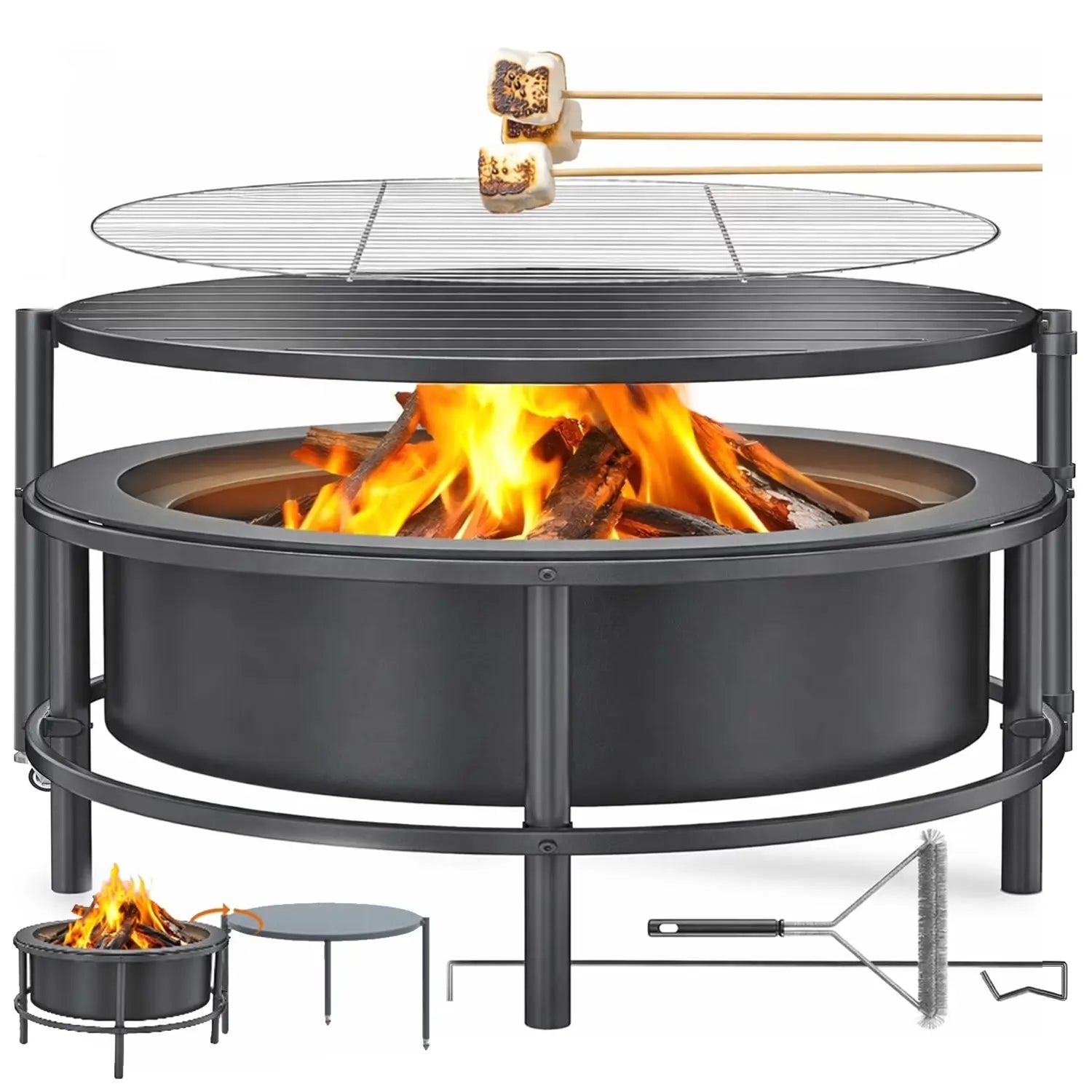 52" Fire Pits for Outside, Foldable Fire Pits with 26" Fire Stove and Table, Cold-Rolled Steel Fire Pit Tables with BBQ Net, Poker, Grill Brush and Protective Cover