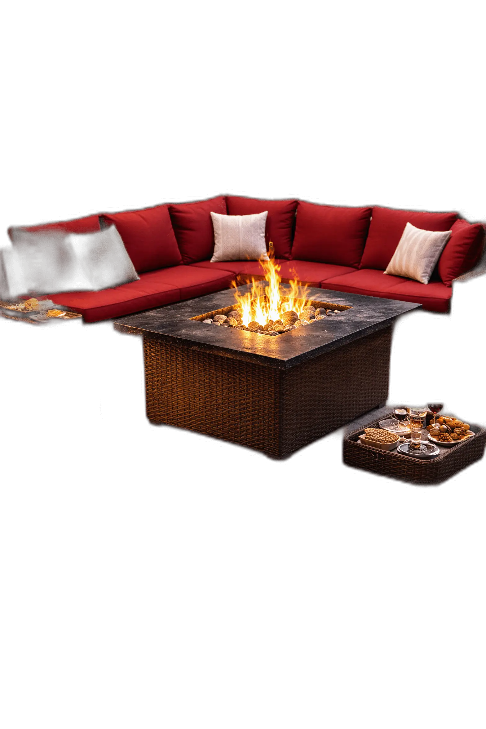 Outdoor wicker sectional sofa with red cushions and a fire pit table set with snacks and drinks